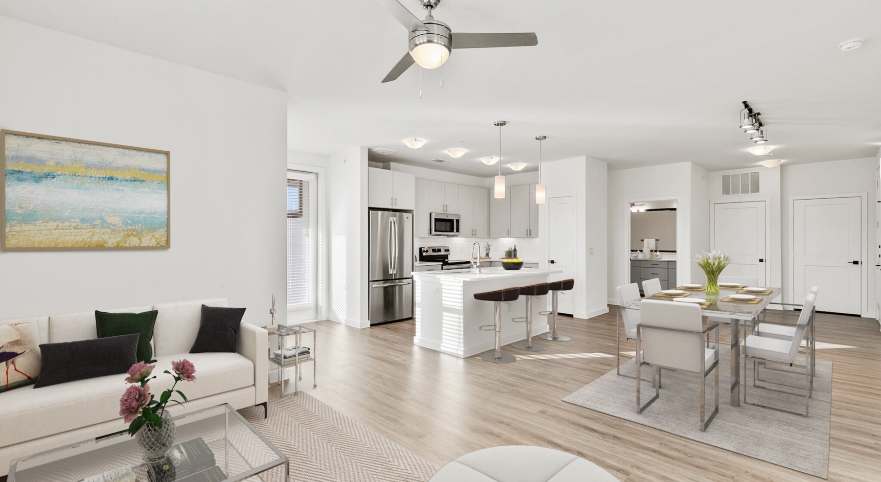 open living room and kitchen with wood floors